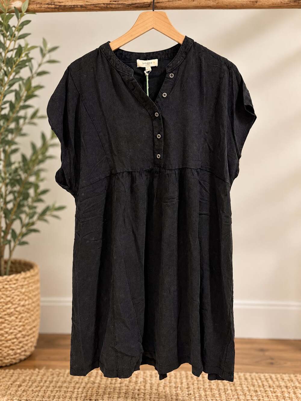 NWT Umgee Button Pleat Dress Sz  XL Black Acid Wash Short Sleeve